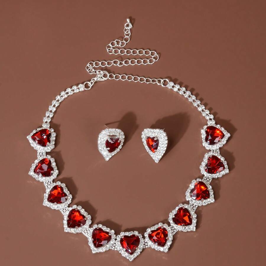 New Women's Necklace Set, Heart-Shaped Necklace, Versatile Bridal Dress, Red Stud Earrings - 綠色 - 查看 1