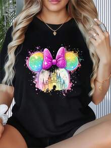 Minnie Mouse Rainbow Castle T Shirt Women Disney Princess Sparkle Bow Graphic Tee Summer Casual TopWomen's T-Shirt With Round Neck And Short Sleeves, Disney Theme Fun Printing, Suitable For Christmas Partysports Activitiesholiday PartiesoutingsNew Year Gift Sports And Other Holiday Gifts (220g). - White - View 1