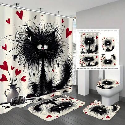 1/3/4 Pcs Valentine's Day Fluffy Kitten Shower Curtain Set, Bathroom Set With Shower Curtain And Rug, Waterproof Polyester Fabric Shower Curtain, Bathroom Decor, Holiday Decoration, Comes With 12 Hooks