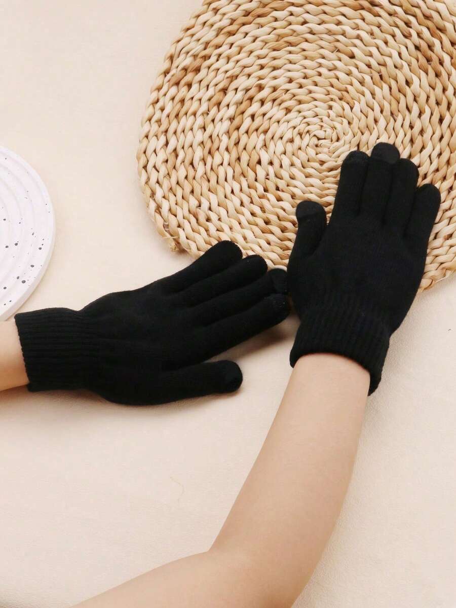 1 Pair Black Full Finger Knitted Touchscreen Gloves, Warm Thermal Lined Cold Weather Cycling Gloves Snow Gloves - Black - View 1