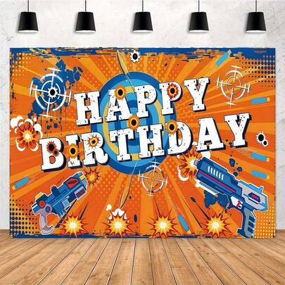 2D Flat Panel 1pc , Game Shooter Gun Happy Birthday Background - Perfect For Birthday Parties, Wall Signage Photos, Great For Photography, Festive Party Supplies, Decorations - Birthday Theme - Various Sizes Available.