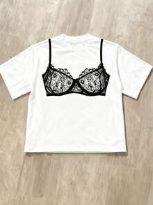 女式 Y2K 夏季休闲时尚简约风格音乐节狂欢节纯色蕾丝内衣印花图案圆领短袖 T 恤