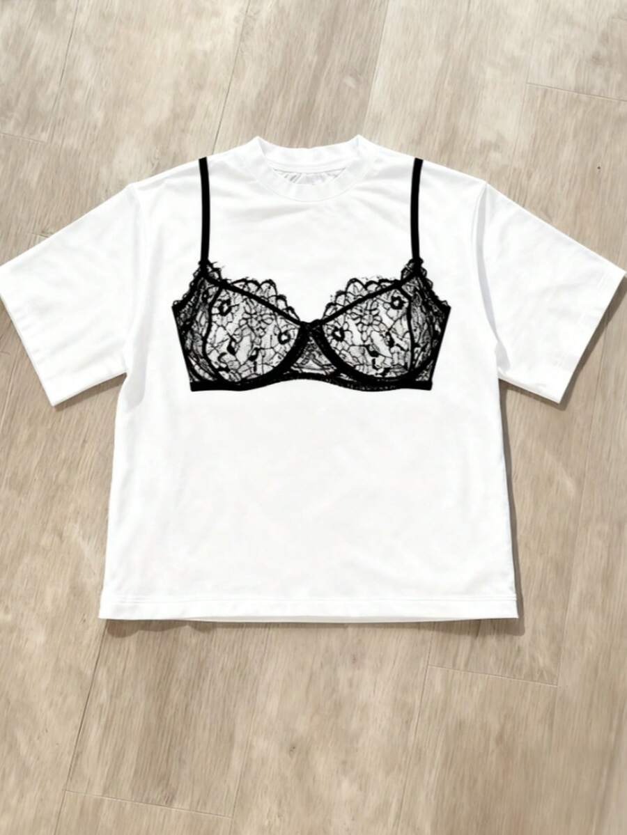 女式 Y2K 夏季休闲时尚简约风格音乐节狂欢节纯色蕾丝内衣印花图案圆领短袖 T 恤