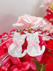 1 Pair Cute Acrylic Bling Bling Earrings, Lovely Pink Bow & 3D Sequin White Kitten Earrings, Elegant Earrings Gift For Women - Multicolor - View 6