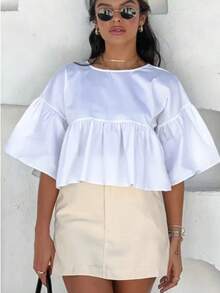 Women's Cropped Blouse, Loose Fit, Gathered - Black and White - View 3
