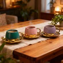 2pcs Ceramic Coffee Cup & Saucer Set, Macaron Colors Electroplated Silver/Gold/White/Black, 90ml Capacity, Couples Gift, Home/Party Use For Coffee, Tea, Water - Multicolor - View 1