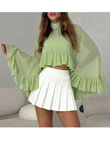 Chiffon Cape For Women Mock Neck Sheer Mesh Shawl Wraps Asymmetrical Flowy Ruffle Capelets For Evening Crop Cover Up Poncho - 淺綠 - 查看 4