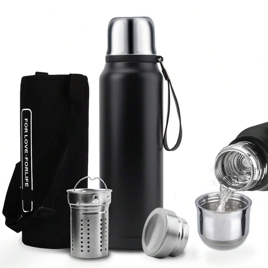 SSGP Termo de Acero Inoxidable 1000ML,Termo para Agua con Infusor de Té,Botella de Agua,Cierre Hermético,Sin BPA,Manténgase caliente y frío(24 horas),con manga de botella,A prueba de derrames - Negro - Ver 1