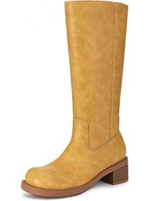 Women's Knee High Square Toe Chunky Block Riding Boots, Low Heel, 2025 Fashion - Yellow - View 12