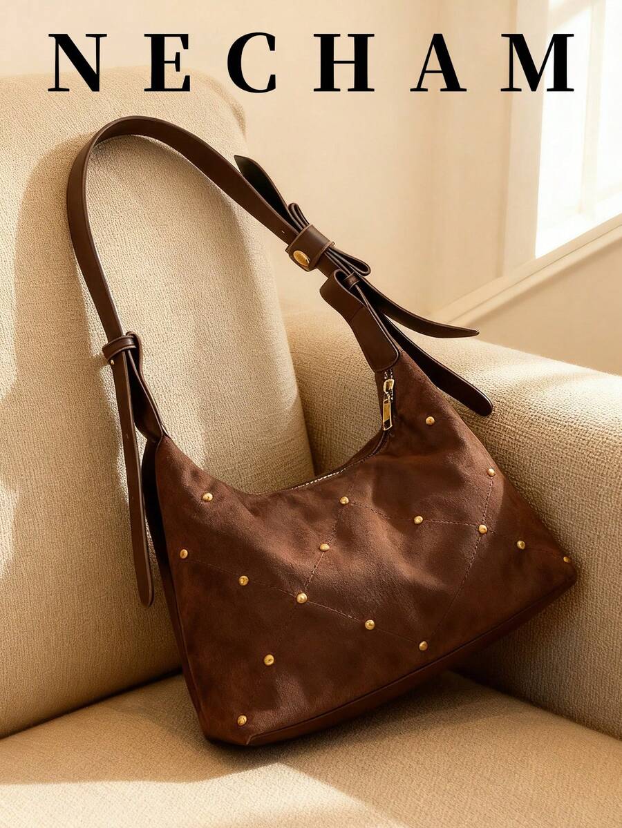 1 Piece (Without Charm) Solid Color Faux Suede Handbag, Hobo Bag Zipper Closure, Shoulder Handbag, Stylish Commuting, Travel, Shopping, Dating, Women's Gift, Suitable For Teenagers, College Students, Beginners And Office Ladies - Coffee - View 1
