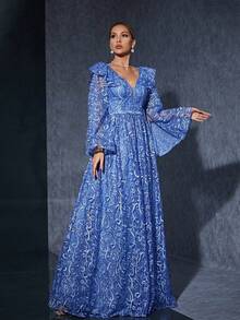 V-Neck Embroidered Lace Ruffled Long Bell Sleeve High-End Evening Gown - Blue - View 6