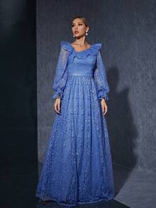 High-End Evening Gown With A One-Shoulder Ruffled Collar And Long Sleeves Embroidered Lace. - Blue - View 5