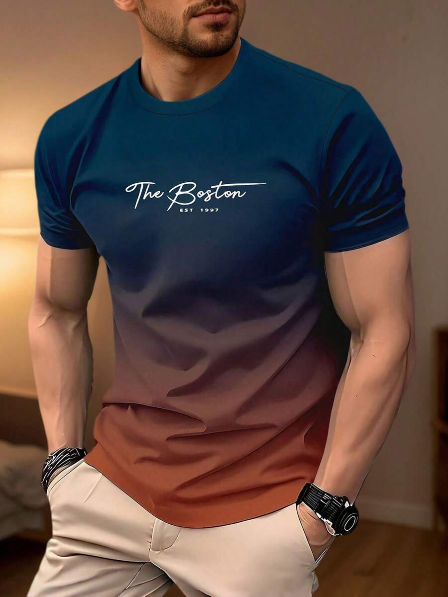 Camiseta de manga corta degradada para hombres, cómoda y transpirable para usar en verano, de moda a la vanguardia - azul real - Ver 1