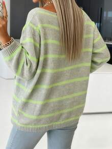 新品女装秋冬厚款均码休闲时尚撞色条纹纽扣毛衣套头衫 - 綠色 - 查看 2