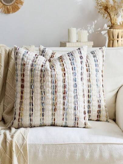 1件/2件装 咖啡棕色+多色（不含枕芯）3D加厚条纹抱枕套，波西米亚农舍风雪尼尔抱枕套，中性色枕套，适用于沙发、床、卧室、餐厅、派对、装饰，四季皆宜