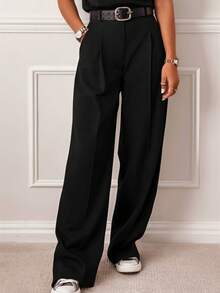 Women's Casual Straight Leg Solid Black Pants