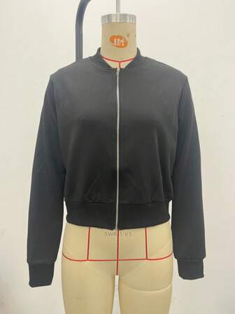 女式时尚纯色前拉链休闲棒球夹克