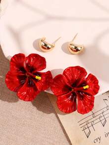 Set de 4 piezas de aretes grandes y exagerados de esmalte de colores con flores de Plumeria, joyería de mujer de moda para otoño/invierno, conjunto de joyería floral minimalista y única - Multicolor - Ver 8