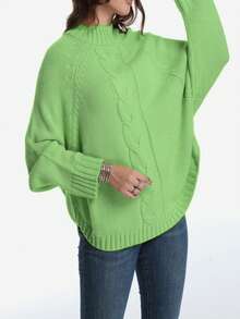 Plus Size Casual Solid Color Batwing Sleeve Pullover Sweater, Autumn/Winter - Green - View 2