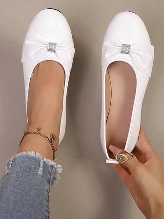 Zapatos blancos elegantes, cómodos y de moda para mujer con lazo de strass, versátiles para uso diario, citas y salidas casuales, primavera/verano/otoño