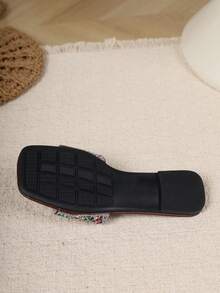 Summer New Rhinestone Slip-On Beach Sandals, Fashionable Flat Slippers - Coffee 1 - View 6