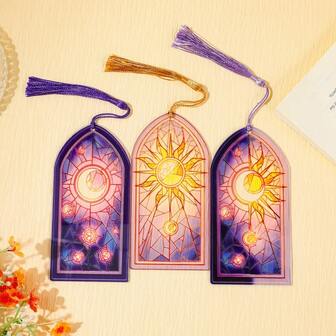 创意日月主题亚克力书签，文化创意彩绘窗影阅读标记，送给文学阅读爱好者和爱书人的精美节日礼物