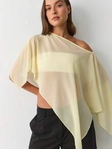 Women's One-Shoulder Sheer Mesh Poncho Asymmetrical Lightweight Shawl See Through Cover Up Top - 黃色 - 查看 2