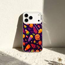 Adorable Phone Case Featuring a Candy Corn And Lollipop Design, Perfect for Halloween. It Comes in Purple And Is Compatible with for  Models 17, 17 Pro, 17 Air, 17 Pro Max, As Well As 16, 15, 14, 13, 12 Pro, Pro Max, Plus, And Models S22, S23 - Negro - Ver 3