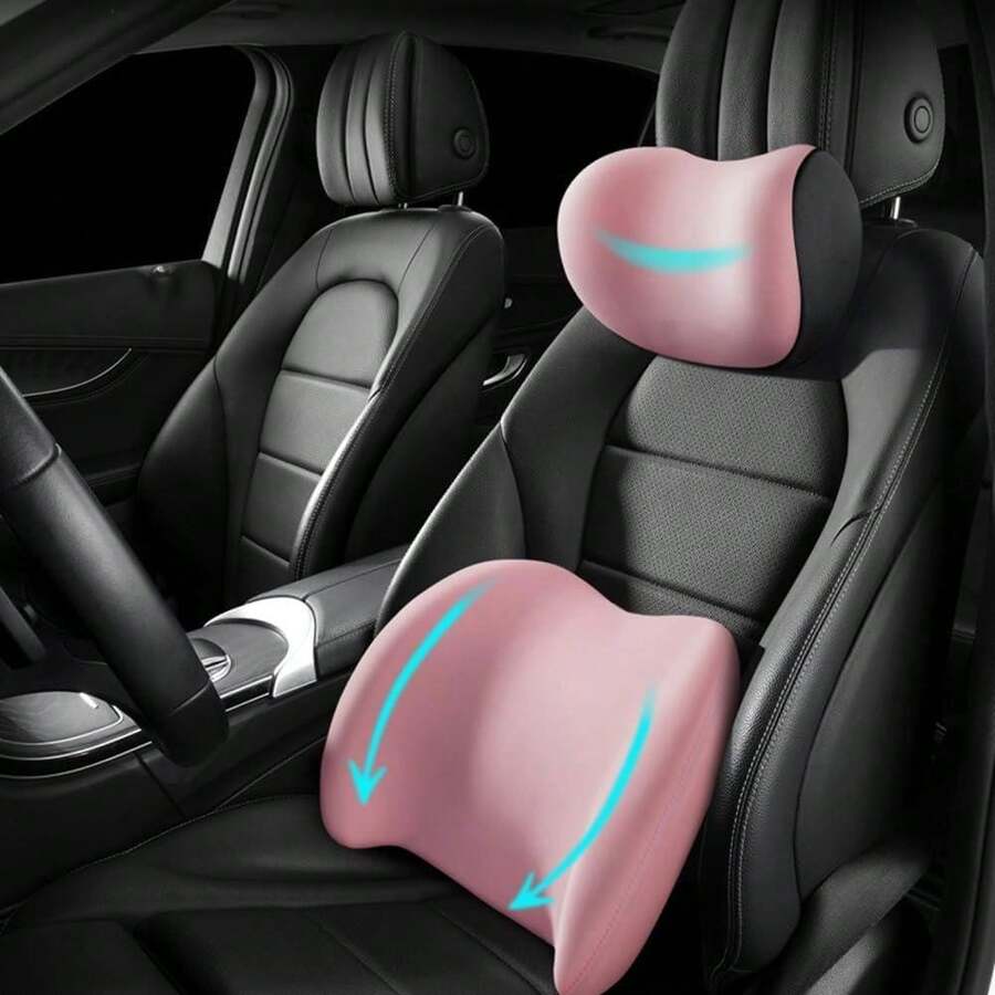 2025 New Car Headrest & Lumbar Support Cushion, Ergonomic Car Seat Headrest Neck Rest Cushion Lumbar Support Pillow Memory Foam & Breathable Removable Cover For Neck Back Pain Relief (Pink) - 新粉紅 - 查看 1