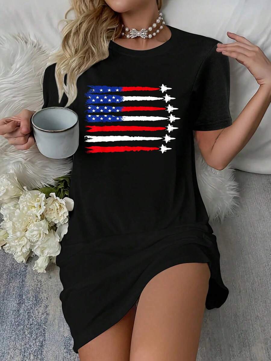 Patriotic Red White Blue USA Flag Fighter Jets 4th Of July T-Shirt Dress Women's Dress, Casual Summer Dress - 黑色 - 查看 1