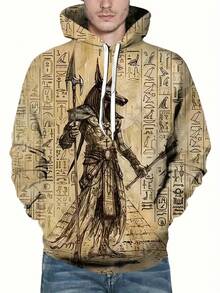 Men's Ancient Egyptian Hieroglyphics & Anubis Hoodie With Egyptian Gods Print (Anubis, Horus, Ra) - Adjustable Hood, Machine Washable, Plus Size Casual Themed Costume Or Casual Attire - Egyptian Text Clothing, PLUS SIZE - Kiểu 1 - Xem 5