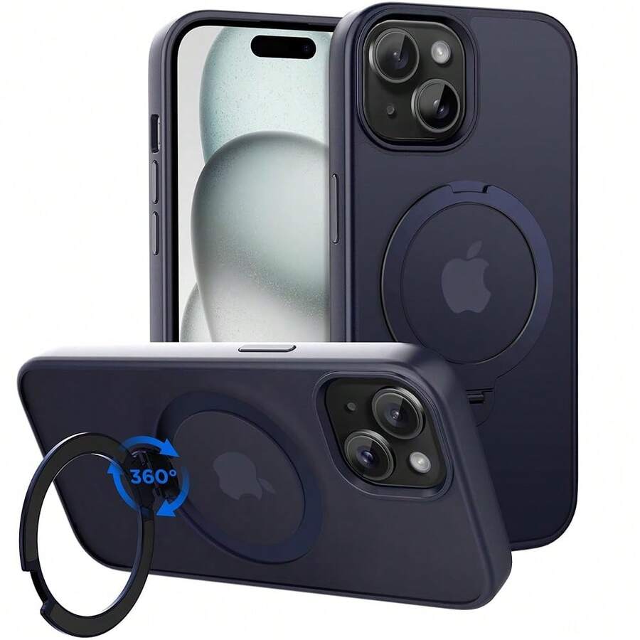 Magnetic Case For For IPhone 15 6.1 Inch With 360 Rotatable Ring Stand, Compatible With Mag Car Phone Mount, Cases Cover Phone Holder For Desk Meeting/Videos Dark Blue,6.1inch(ForFor IPhone15),DarkBlue - 深藍色 - 查看 1