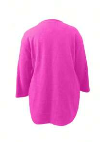 Plus Size Mid-Length Coat, Front Button Closure, Round Neck Long Sleeve, Solid Color Woolen Coat, Autumn/Winter Bestseller Spring - Hot Pink - View 2