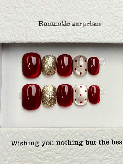 10片手工圆形亚克力按压式美甲，短款，柔和红色，闪亮猫眼，金色闪粉红色波点，奢华简约优雅手工秋季按压式美甲，现代风格，圣诞美甲，多功能美甲DIY假指甲，适合派对、日常、约会、海滩、热带度假等场合，可重复使用，送给女性和女孩的礼物，美甲用品