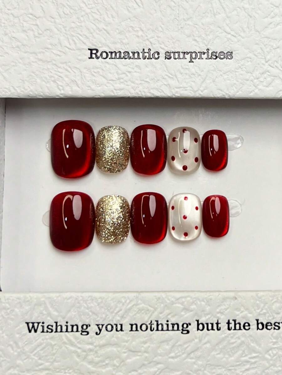 10片手工圆形亚克力按压式美甲，短款，柔和红色，闪亮猫眼，金色闪粉红色波点，奢华简约优雅手工秋季按压式美甲，现代风格，圣诞美甲，多功能美甲DIY假指甲，适合派对、日常、约会、海滩、热带度假等场合，可重复使用，送给女性和女孩的礼物，美甲用品 - 紅色 - 查看 1