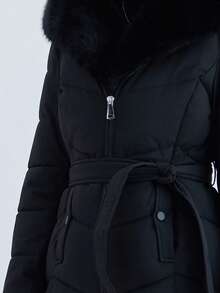 Women's Long Threaded Winter Coat With Faux Fur Hat - Warm Winter Outdoor Wear With Self-Locking Fit - Black - View 6