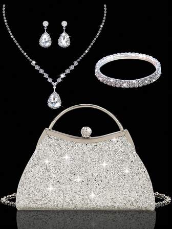 Bolso de noche elegante y lujoso para damas, bolso de fiesta con lentejuelas elegantes y bolso de mano con rhinestones, bolso de novia y boda de moda, con set de 3 piezas de joyería con colgante de rhinestones: collar, aretes y pulsera, adecuado para que las damas asistan a fiestas, cenas, bodas, bailes y reuniones
