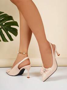 女士高跟鞋，蝴蝶结尖头踝带凉鞋，适合搭配连衣裙 - 粉色 - 查看 5