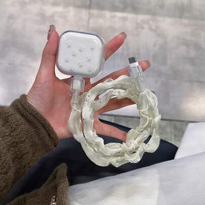4pcs Set (1pc Charger Protector + 2pcs Data Cable Anti-Pinch + 1pc Sparkling Diamond Mesh Cable Protector), Floral Pattern Charger & Data Cable Protector Set, Compatible With 20W UK Apple Fast Charger