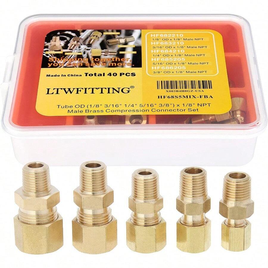 LTWFITTING Kit surtido de tubos OD 1/8 3/16 1/4 5/16 3/8 x 1/8 NPT macho de laton (paquete de 40) - 183161451638x18 - Ver 1