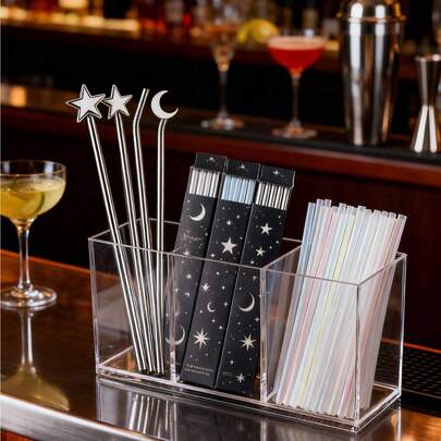 1pc Transparent Straw Organizer Box, Suitable For Kitchen, Dining Room, Office, Arabic Family Holiday Party Tableware And Bubble Tea Straw Storage, Straws Can Be Neatly Stored In Separate Compartments.