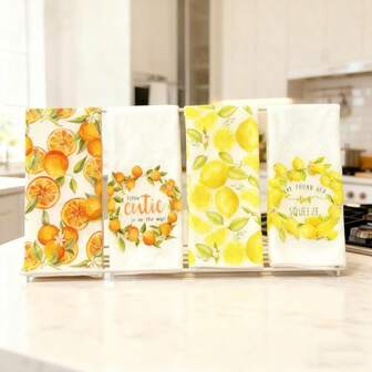 2/4 件装农舍风厨房抹布，尺寸 15.7x23.6 英寸 - 超柔软涤纶面料，水彩橘色图案，饰有“小可爱”装饰茶巾，适用于烹饪、烘焙和清洁 - 可机洗。厨房实用抹布，色彩明快。耐用厨房面料。