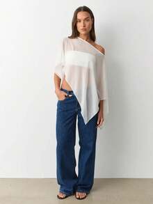 Women's One-Shoulder Sheer Mesh Poncho Asymmetrical Lightweight Shawl See Through Cover Up Top - 白色 - 查看 4