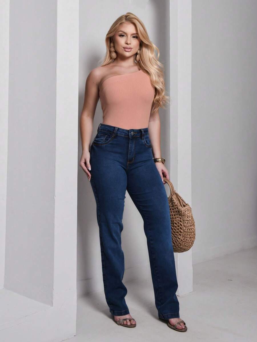 Women's Straight Leg Jeans, High Waist, Comfortable, Casual, Stylish - Rửa trung bình - Xem 1