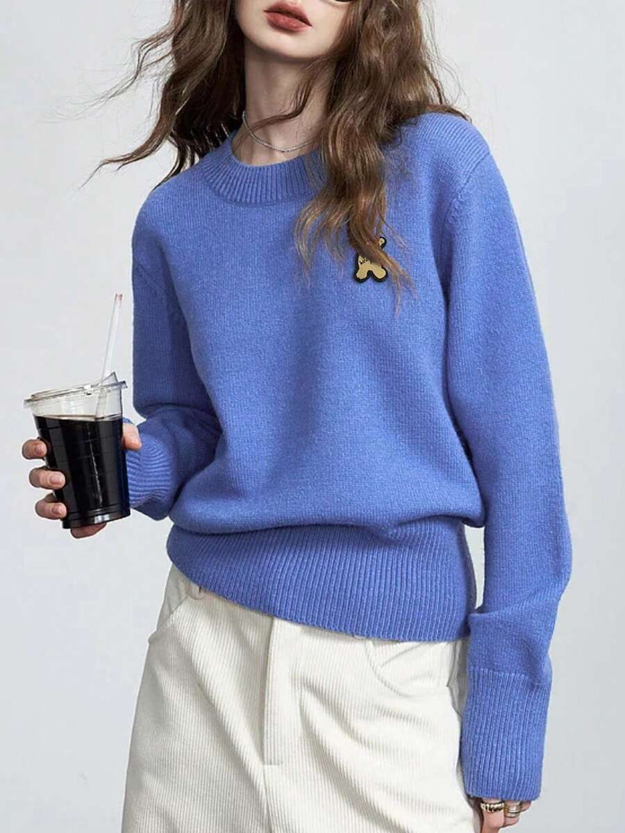 Women's Casual Pullover Sweater, Soft & Comfortable Round Neck Long Sleeve Solid Color Bear Patch Knitted Top, Versatile For Autumn/Winter - Blue - View 1