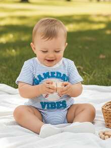 Baby Boy Summer Clothes Newborn Bubble Romper Short Sleeve Baseball Embroidery Jumpsuit One Piece Infant Baseball Outfit - 藍色 - 查看 7
