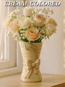 1个北欧复古蝴蝶结花瓶，配花束，复古/奶油色，创意树脂家居装饰，适用于客厅/玄关，也可用于书房、书架、橱柜、窗台和钢琴架。 - 彩色 - 查看 7