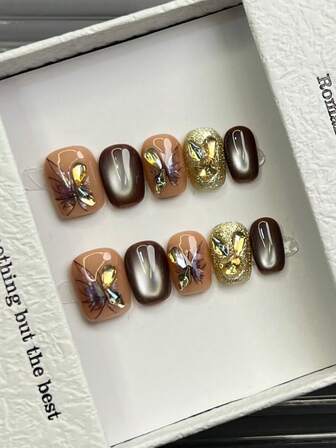 10ชิ้น เล็บทำมือ เล็บทรงกลม ทรงเหลี่ยม เล็บอะคริลิคแบบกด เล็บสั้นสีน้ำตาลอ่อนโยน, เล็บสีส้ม, เล็บตาแมวแฟลช, สติ๊กเกอร์ติดเล็บลายผีเสื้อ, ผงกากเพชรสีทอง ฝังอัญมณีเพชรพลอย, เล็บปลอมทำมือหรูหราเรียบง่ายสง่างามสำหรับฤดูใบไม้ร่วง, สไตล์โมเดิร์น, เล็บอเนกประสงค์ DIY เล็บปลอมสำหรับงานปาร์ตี้ ใช้ได้ทุกวันและออกเดท เหมาะสำหรับพักผ่อนที่ชายหาดเขตร้อน ใช้ซ้ำได้ สำหรับผู้หญิงและเด็กผู้หญิง เป็นของขวัญ อุปกรณ์ทำเล็บ