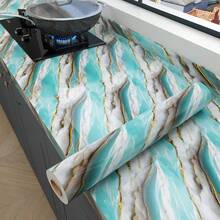1pc Blue & Gold Glossy Marble Pattern Kitchen Oil-Proof Sticker, Heat Resistant, Waterproof, Mildew-Proof Tile Wall Paper, Self-Adhesive Cabinet Wall Decal, Countertop Renovation Marble Texture Film - Blue Gold - View 6