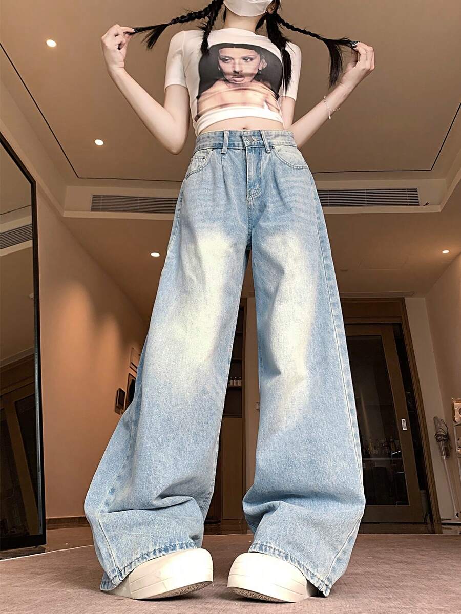 Casual Washed Wide Leg Loose Fit Jeans - Light Wash - View 1